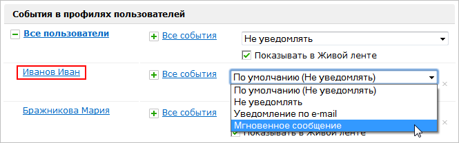 Уведомления об отдельных событиях для группы